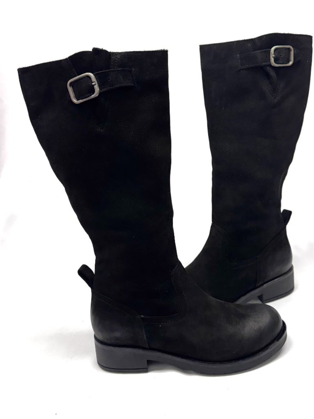 MIZ MOOZ NUBUCK LEATHER TALL BOOTS SIDE ZIP BUCKLE 37EU BLACK / 7US NEW # B-10